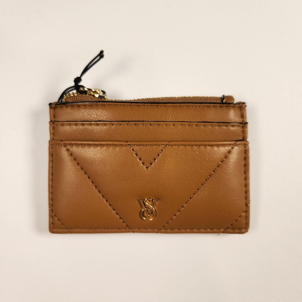 Victoria's Secret Brown Faux Leather Card Case Keychain Wallet VS Logo New